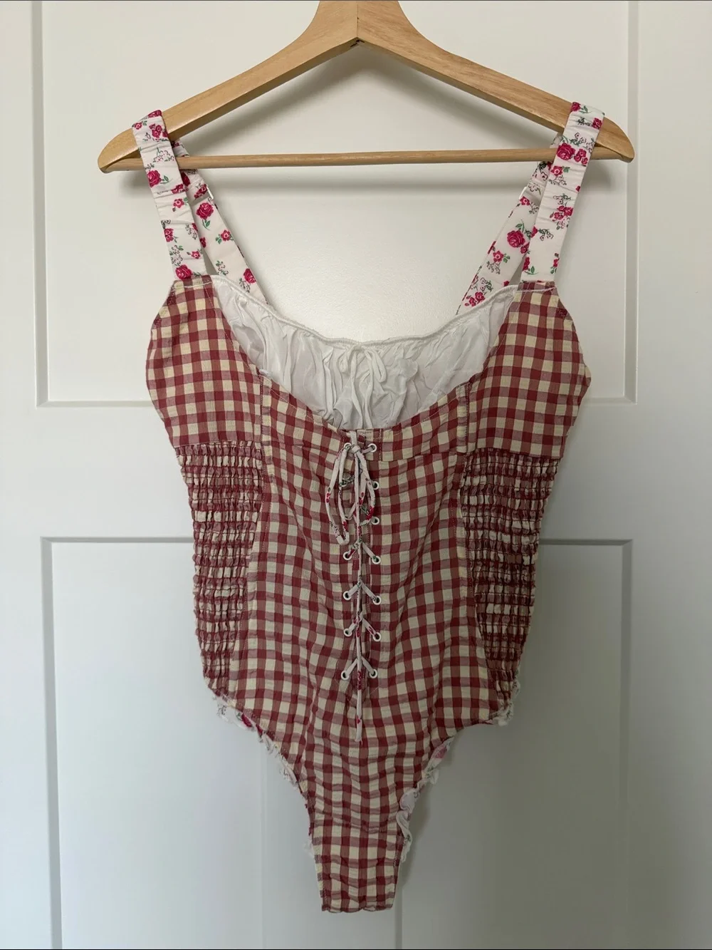 For Love & Lemons Red and Cream Gingham Lace-Up Bodysuit Georgia Bodysuit size L - Picture 5 of 12